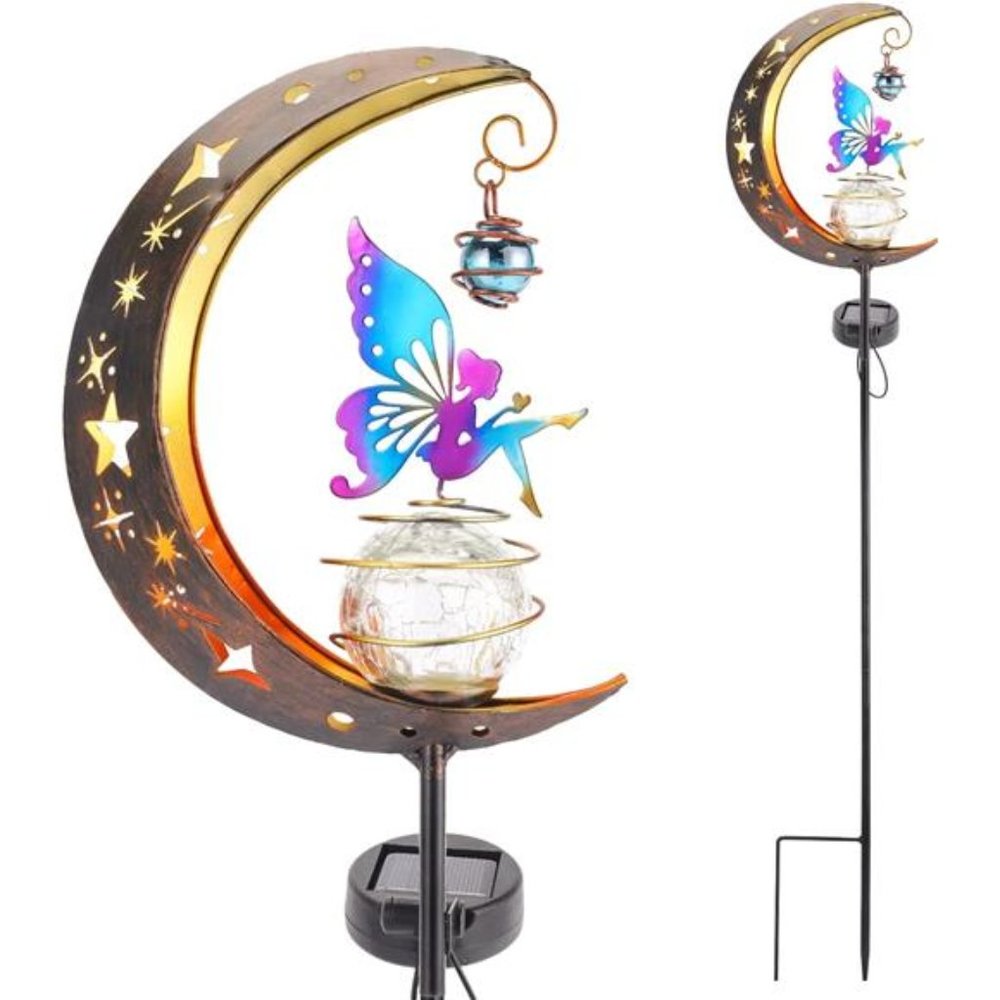 Solar Garden Light Moon Fairy Stake Lights Crackle Glass Globe, Waterproof